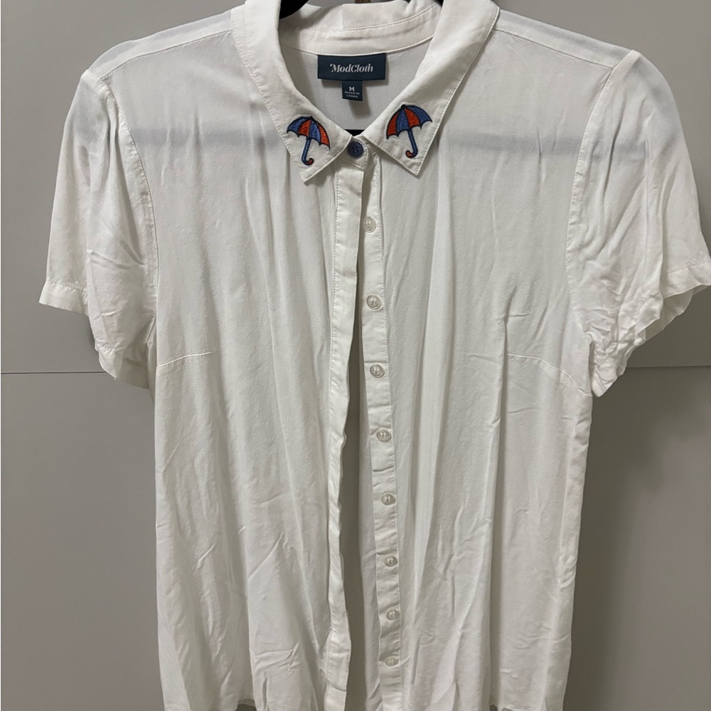 Modcloth White Shirt with Colorful Umbrella Embroidery